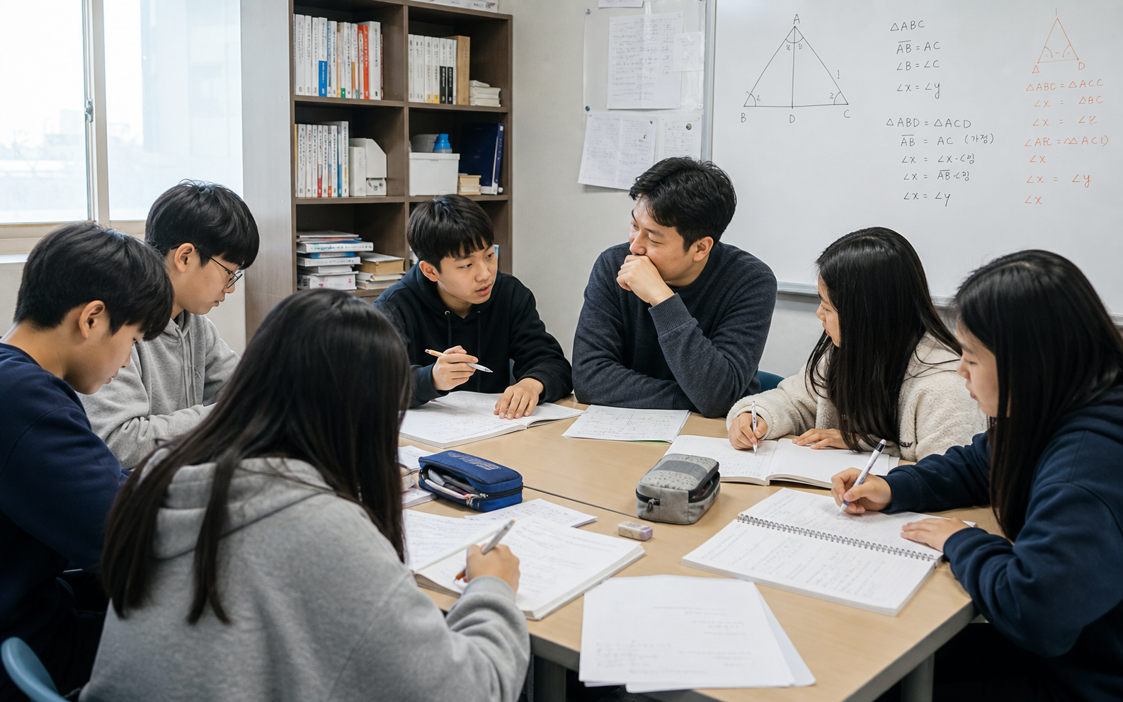 교사와 학생들이 한 테이블에서 풀이를 검토하는 소수정예 수업
